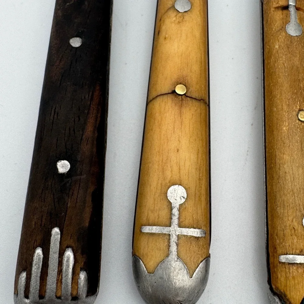 Antique Farmhouse Forks Set 3 Late 19th Century Primitive Wood Bone Handle 7.5in